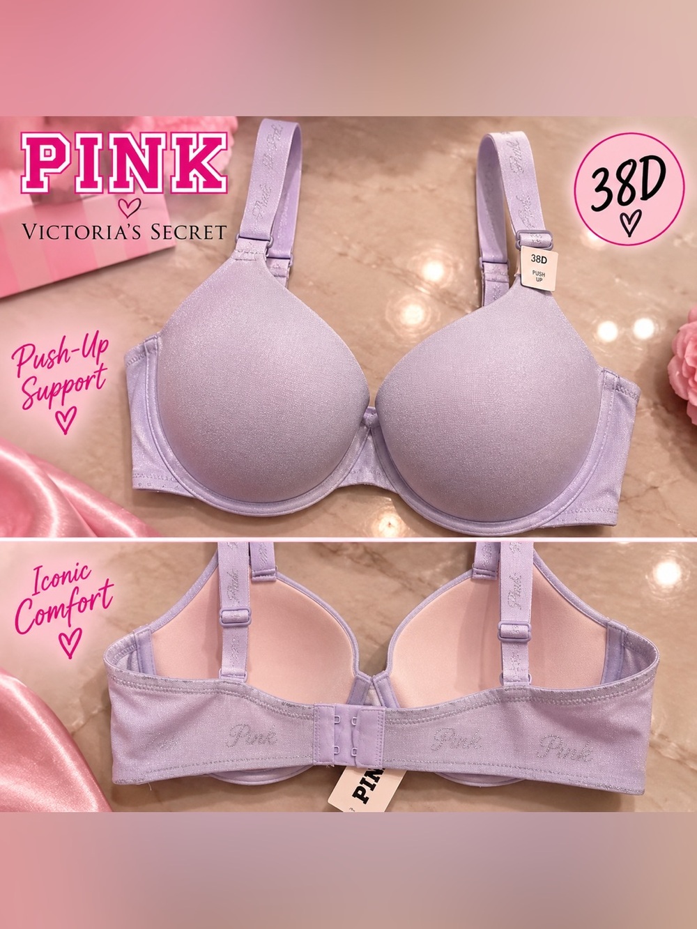 PINK Victoria's Secret PUSH-UP PADDED Lavender T-Shirt Bra 38D NEW WITH TAGS